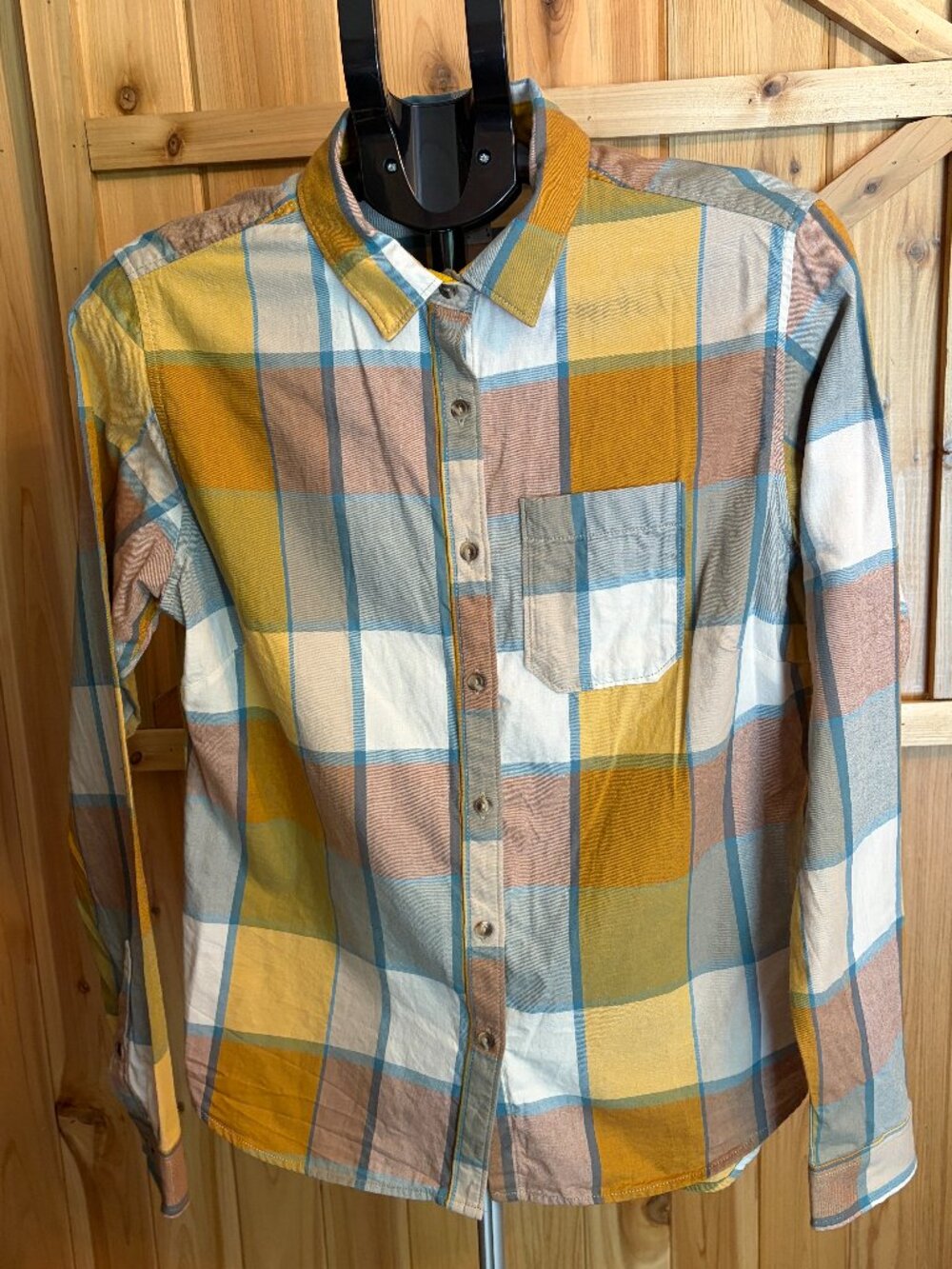 North Face Women's Plaid Berkeley Girlfriend Long Sleeve Gold Teal Sz Lg
